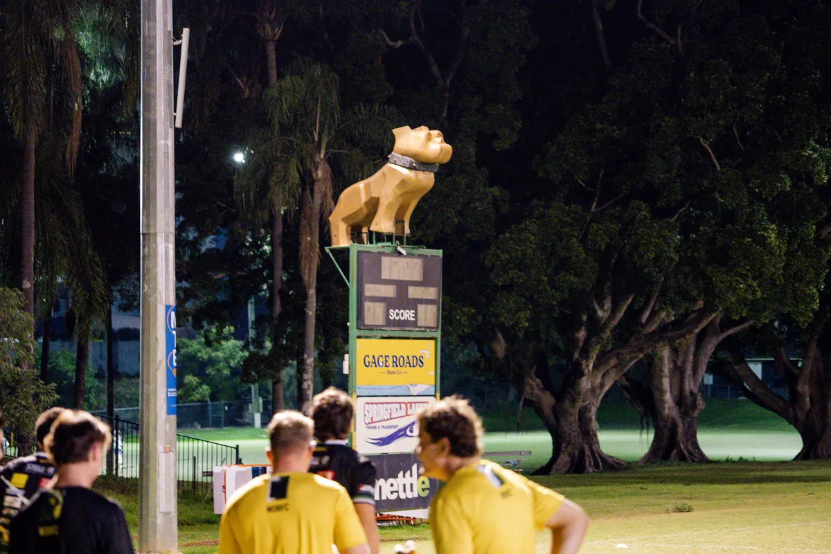 Wests Bulldogs scoreboard topped with the club's bulldog mascot at their home ground
